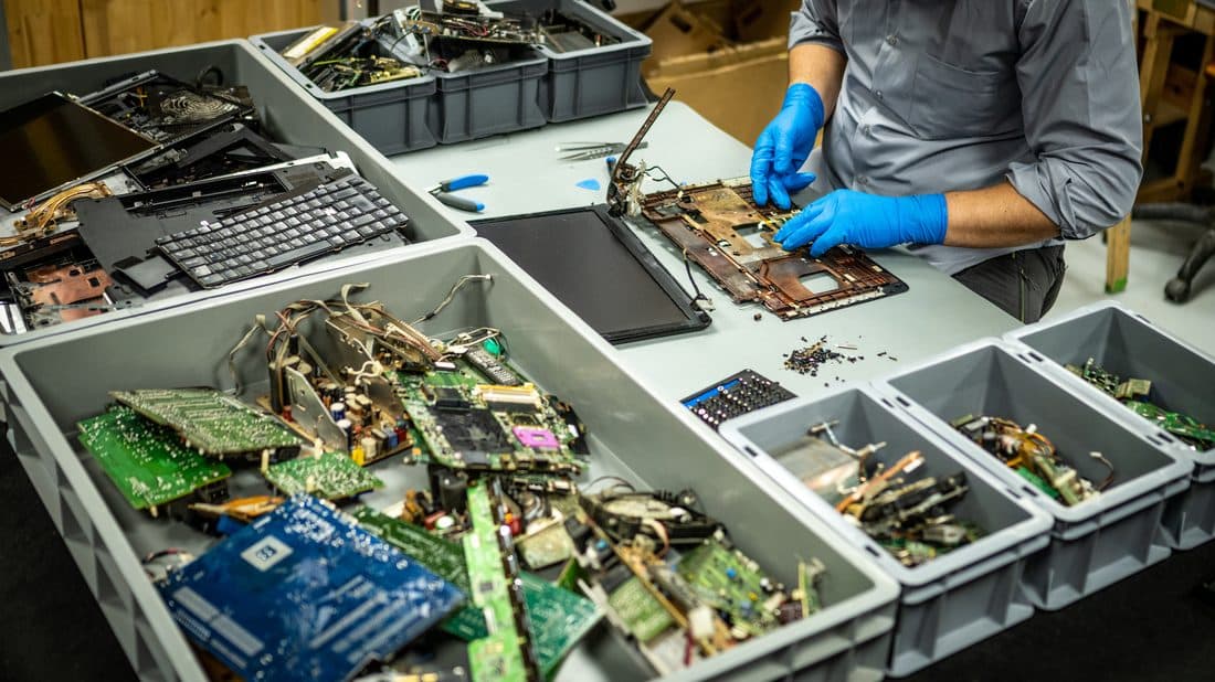 Decommissioned enterprise IT equipment staged for secure recycling
